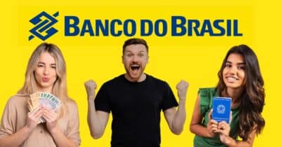 Logo Banco do Brasil, mulher com notas de Real, homem feliz e mulher com carteira de trabalho (Fotos: Reproduções / Internet / Canva / Freepik)