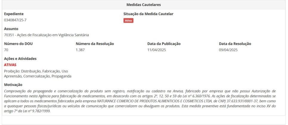 Resolução da ANVISA pt 1 contra lotes de colágeno (Foto Reprodução/ANVISA)