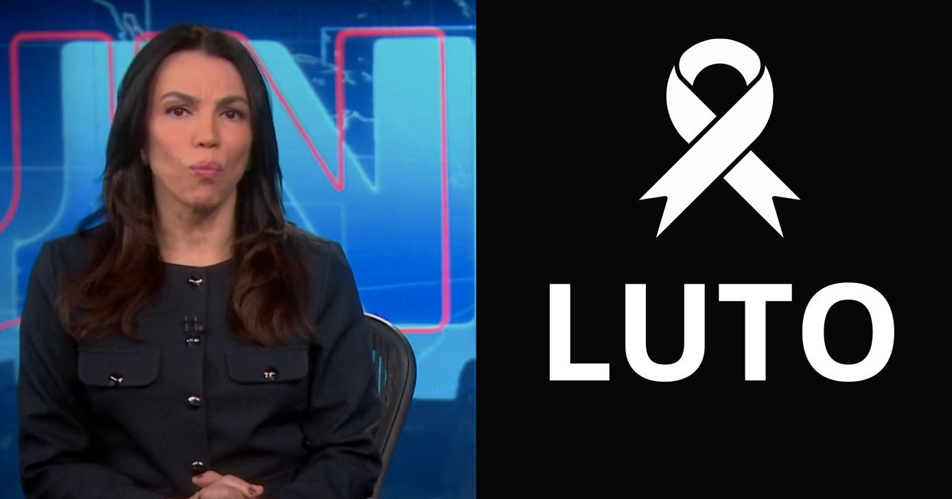 Ana Paula Araújo no Jornal Nacional e imagem de luto (Fotos: Reproduções / Globo / Canva)