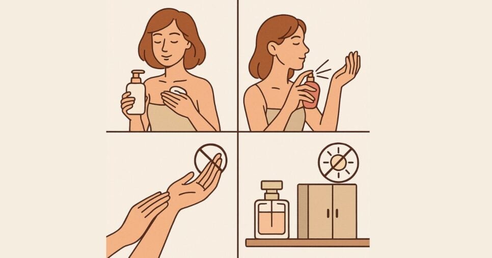 Passo a passo de como fazer o perfume durar de forma ilustrativa (Foto Reprodução/Canva/Lennita/Tv Foco/CTP)