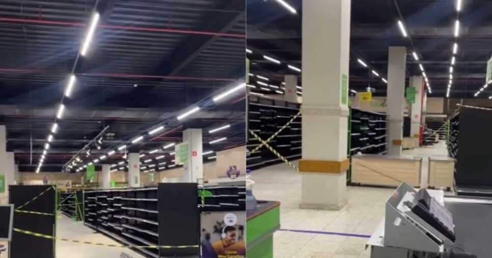 Caixas desligados e prateleiras vazias na unidade do Bompreço, localizada no Salvador Shopping (Foto Reprodução/Montagem/Redes Sociais/O Tempo)