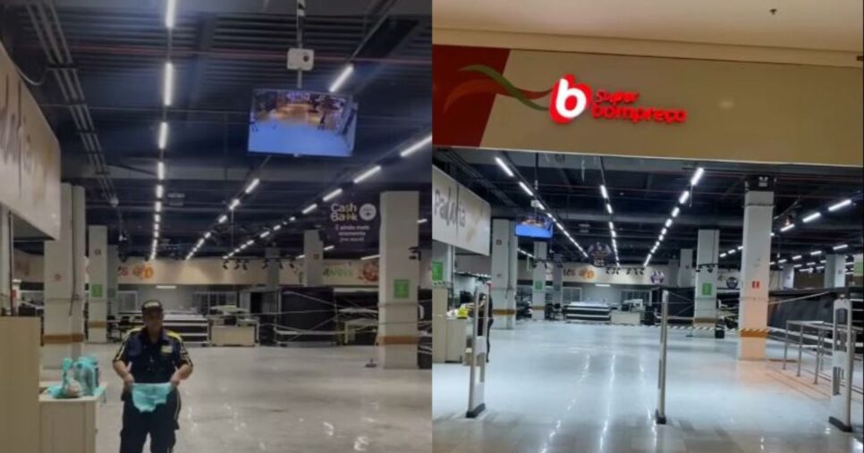 Caixas desligados e prateleiras vazias na unidade do Bompreço, localizada no Salvador Shopping (Foto Reprodução/Montagem/Redes Sociais/O Tempo)