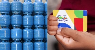 Botijões de gás e beneficiários segurando cartão do Bolsa Família (Fotos: Reproduções / Canva / Site do PT)