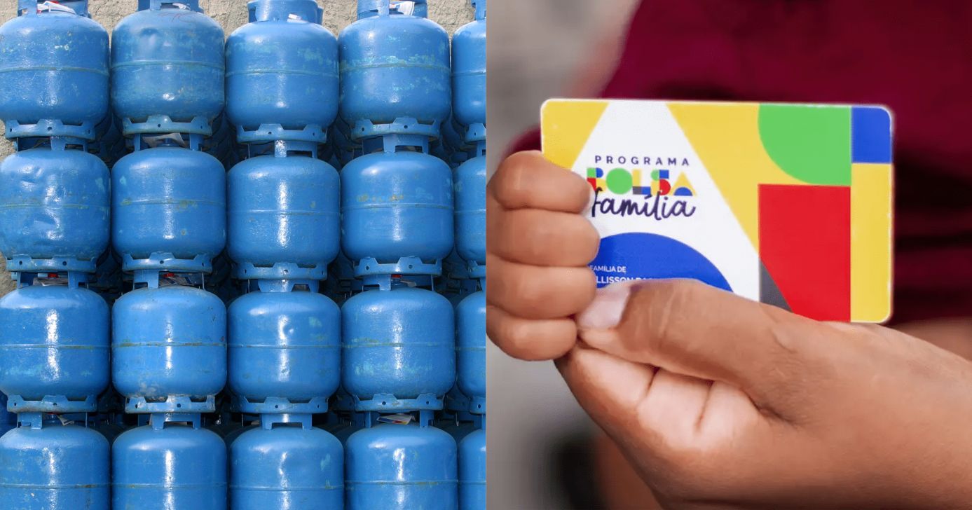 Botijões de gás e beneficiários segurando cartão do Bolsa Família (Fotos: Reproduções / Canva / Site do PT)