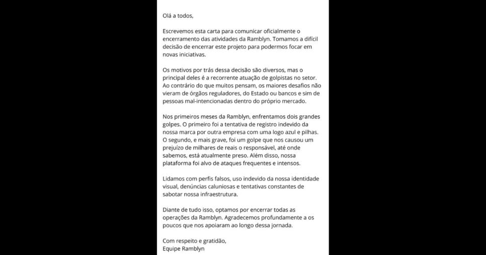 Carta aberta da Ramblyn (Foto: Reprodução/Redes sociais)