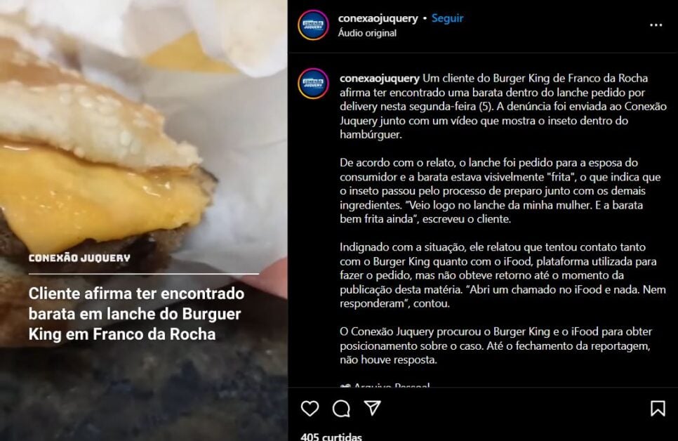 Cliente denuncia Burger King após encontrar baratas no lanche (Foto Reprodução/Instagram)