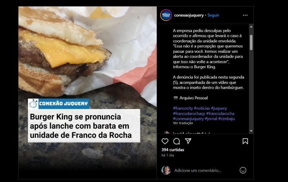 Conexão Juquery expõe denúncia contra unidade do Burger King (Foto Reprodução/Instagram)