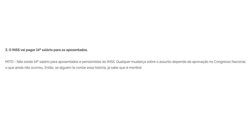 Comunicado sobre o 14º salário do INSS (Foto: Reprodução / site do Governo)