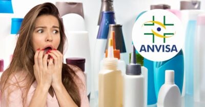 Ilustração produtos de beleza, mulher com medo e logo Anvisa (Fotos: Reproduções / Canva / Internet)