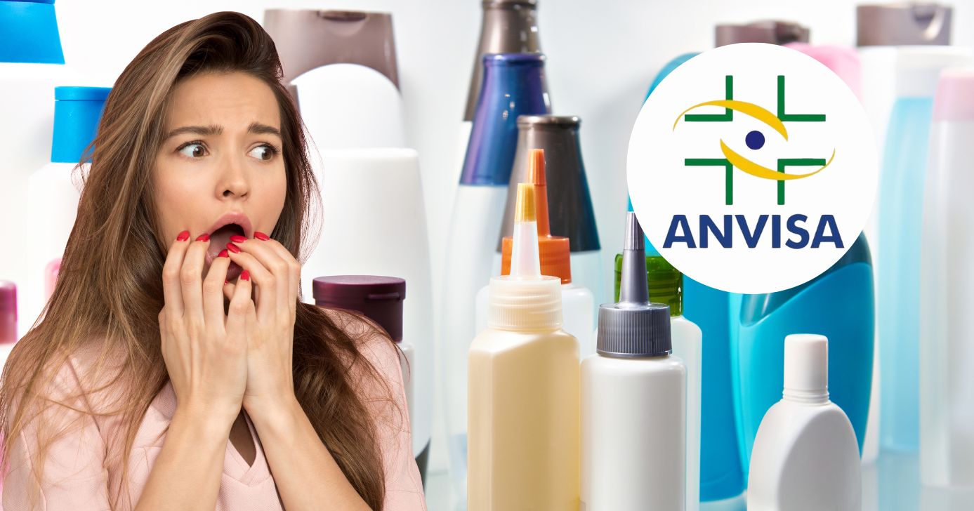 Ilustração produtos de beleza, mulher com medo e logo Anvisa (Fotos: Reproduções / Canva / Internet)