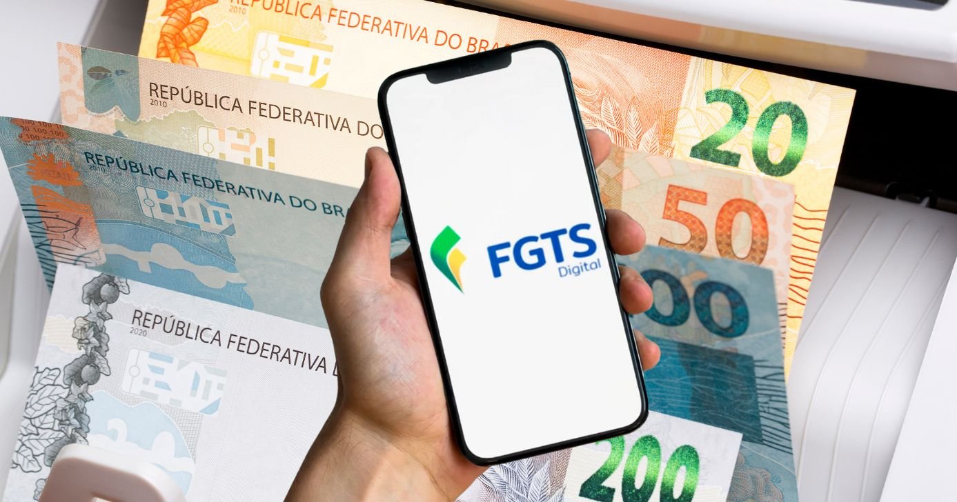 Notas de Real e aplicativo do FGTS (Fotos: Reproduções/ Canva/ Internet)