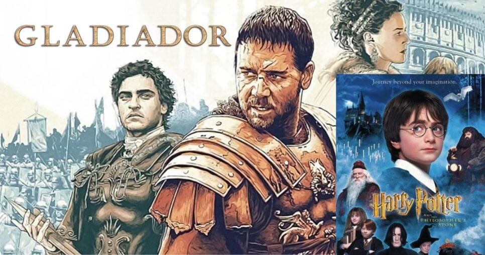 Gladiador e Harry Potter e a Pedra Filosofal (Foto Reprodução/Montagem/Tv Foco/Canva/Internet)