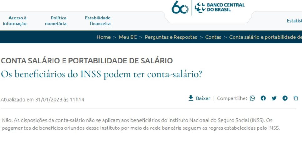 Comunicado do Banco Central sobre a conta-salário (Reprodução: BC)