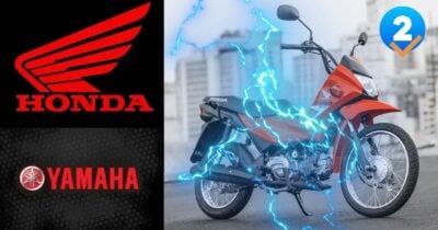 Logo das montadoras e Pop110i (Foto: Reprodução / Honda / Yamaha / Canva / Montagem TV Foco)