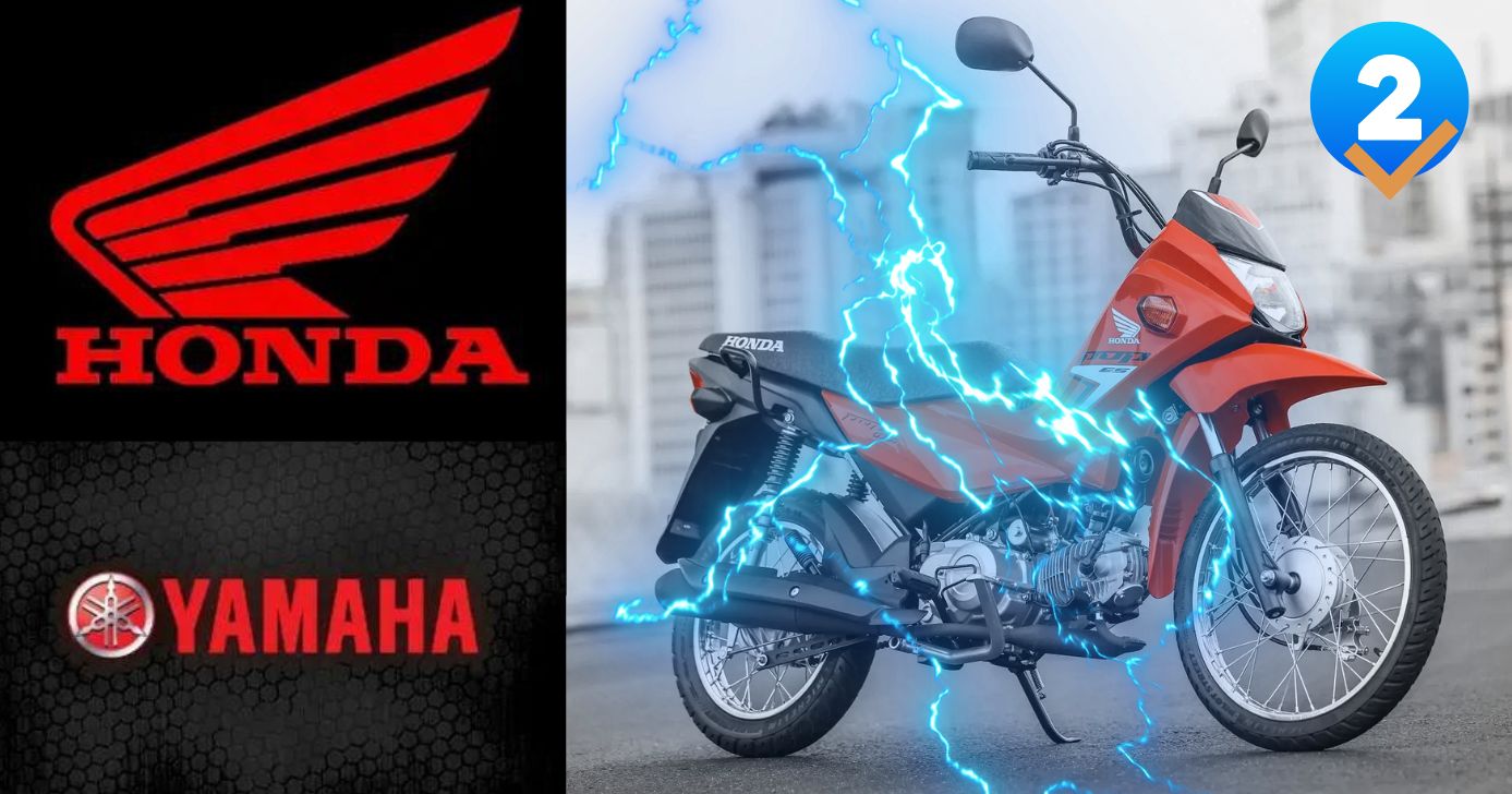 Logo das montadoras e Pop110i (Foto: Reprodução / Honda / Yamaha / Canva / Montagem TV Foco)