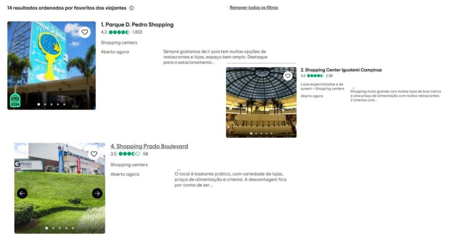 Posição do Shopping D.Pedro, Prado e Iguatemi no ranking do TripAdvidor de shoppings de Campinas (Foto Reprodução/Montagem/TV Foco/Trip)