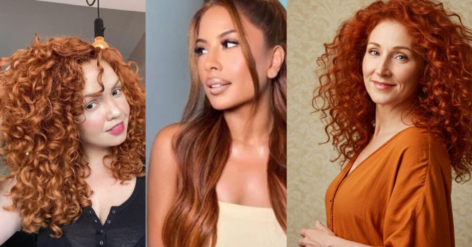 Tons de ruivo acobreado em estruturas de fio e em mulheres de idades diferentes  (Foto Reprodução/Montagem/Lennita/Tv Foco/Pinterest)