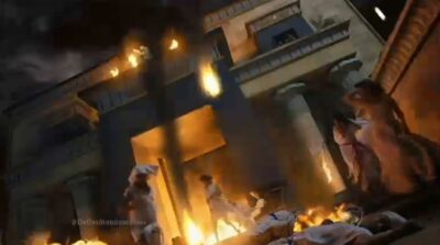 Bom seria se fosse só granizo, mas caiu bolas de fogo também. Os egípcios, até os que estavam dentro do palácio sofreram com a praga. (Foto: Reprodução TV Record/Os Dez Mandamentos)