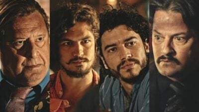 Afrânio (Antonio Fagundes), Miguel (Gabriel Leone), Martim (Lee Taylor) e Carlos (Marcelo Serrado) em 