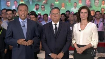 Heraldo Pereira, Galvão Bueno e Giuliana Morrone na redação do 
