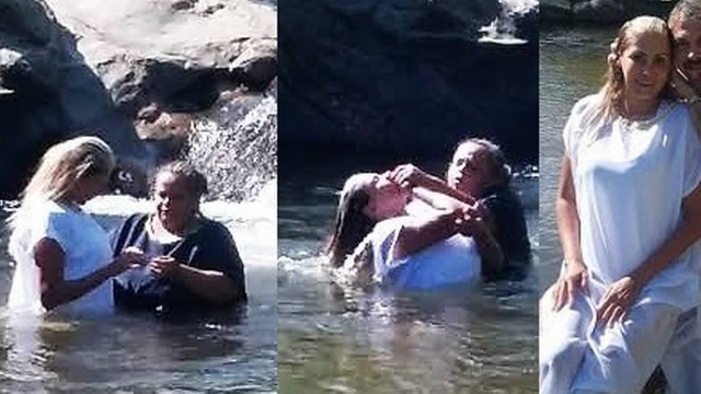 Ângela Bismarchi é batizada em um rio por pastores de sua igreja (Foto: Reprodução)