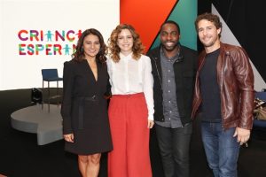 Dira Paes, Leandra Leal, Lázaro Ramos e Flávio Canto na coletiva de 'Criança Esperança' (Foto: Globo/Marcos Rosa)