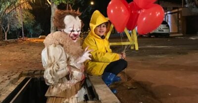 Robim Castro interpreta o palhaço Pennywise com o ator mirim Gian Lucca na pegadinha (Divulgação: SBT)