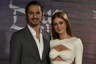 Rômulo Estrela e Marina Ruy Barbosa na coletiva de Deus Salve o Rei
(Foto: Globo/Cesar Alves)