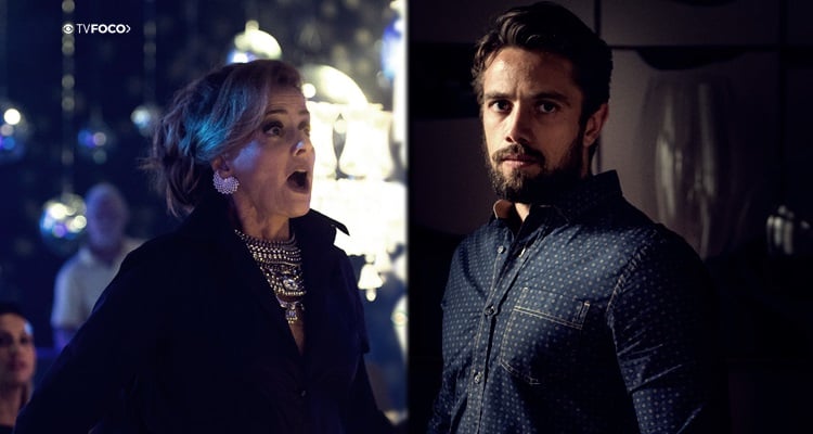 mulher chocada e homem sério em cena da novela o outro lado do paraíso