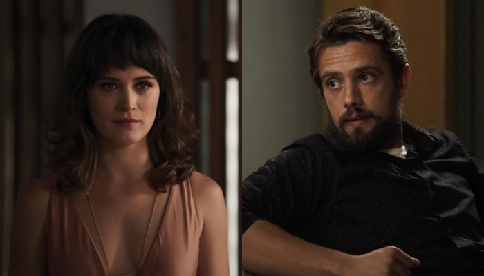 Clara (Bianca Bin) e Renato (Rafael Cardoso) em cena de O Outro Lado do Paraíso (Foto: Divulgação/Globo/Montagem TV Foco)