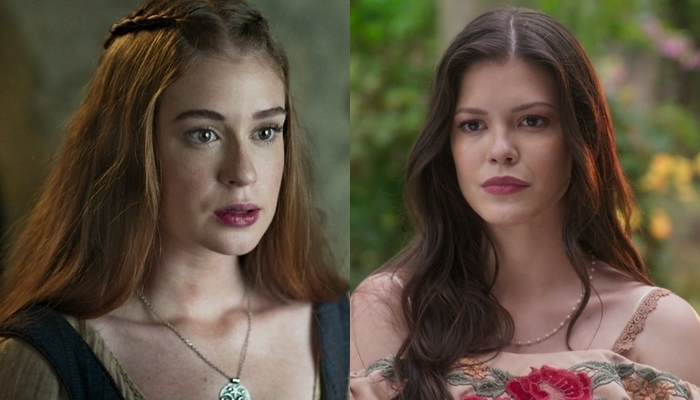 Marina Ruy Barbosa e Vitoria Strada em cena de Deus Salve o Rei e Tempo de Amar, respectivamente (Foto: Reprodução/Globo/Montagem)