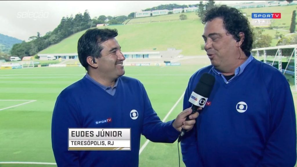 O repórter Eudes Junior ao lado de Casagrande (Foto: Reprodução/SporTV)