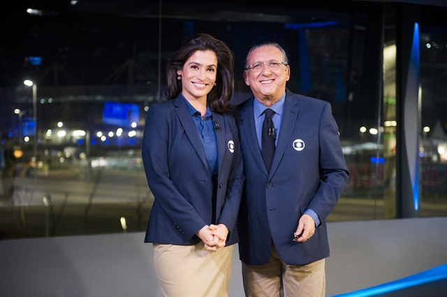 Renata Vasconcellos e Galvão Bueno no JN na Olimpíada do Rio (Foto: Globo/João Miguel Júnior)