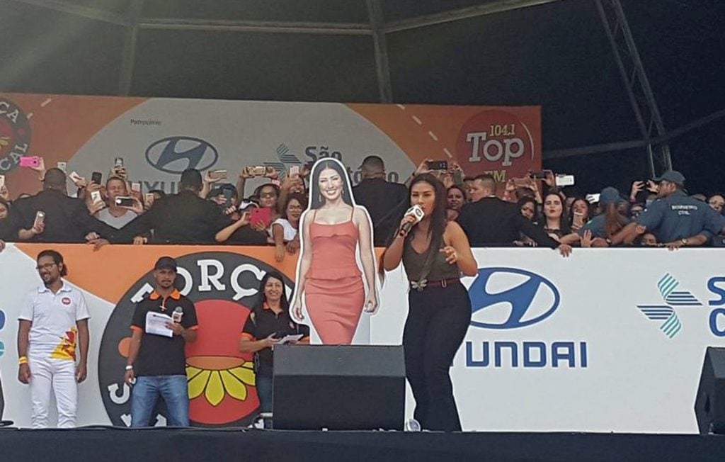 Simone cantou com Simaria de papelão durante show (Foto: Marília Neves/G1)