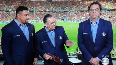 Ronaldo Fenômeno, Galvão Bueno e Walter Casagrande em transmissão da Copa da Rússia
(Foto: Reprodução/Globo)