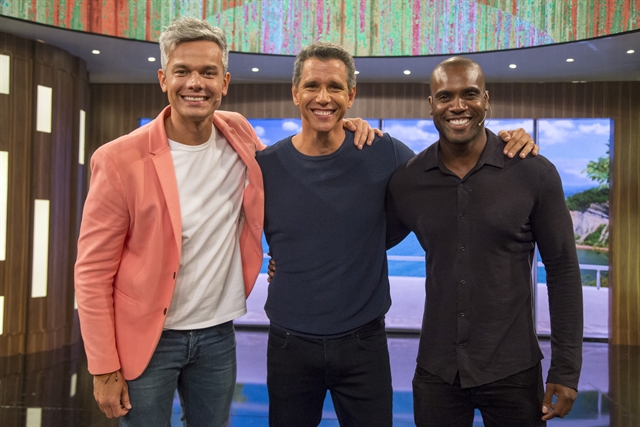 Márcio Garcia com Otaviano Costa e Rafael Zulu no Tamanho Família (Foto: Globo/Marília Cabral)
