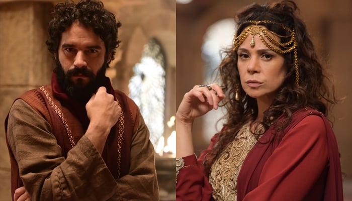 Guilherme Winter (Judas Iscariotes) e Vanessa Gerbelli (Herodíade) em Jesus, novela bíblica da Record (Foto: Blad Meneghel/Record/Montagem TV Foco)