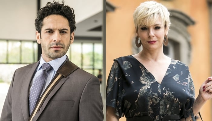 Emílio (João Baldasserini) e Mariacarla (Regiane Alves) em O Tempo Não Para (Foto: Globo/João Miguel Júnior)