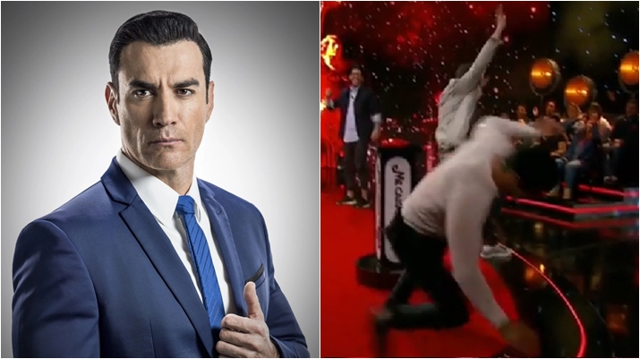 Galã David Zepeda leva tombo durante prova realizada em programa. (Foto: Montagem/Reprodução)