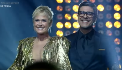 Xuxa e Junno Andrade na estreia da 4ª temporada do Dancing Brasil
(Foto: Reprodução/Record)