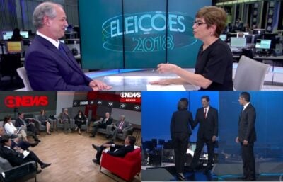 Ciro no Jornal da Globo; Bolsonaro no Central das Eleições e Haddad no Jornal Nacional (Foto: Reprodução/GloboNews/Globo/Montagem/TV Foco)