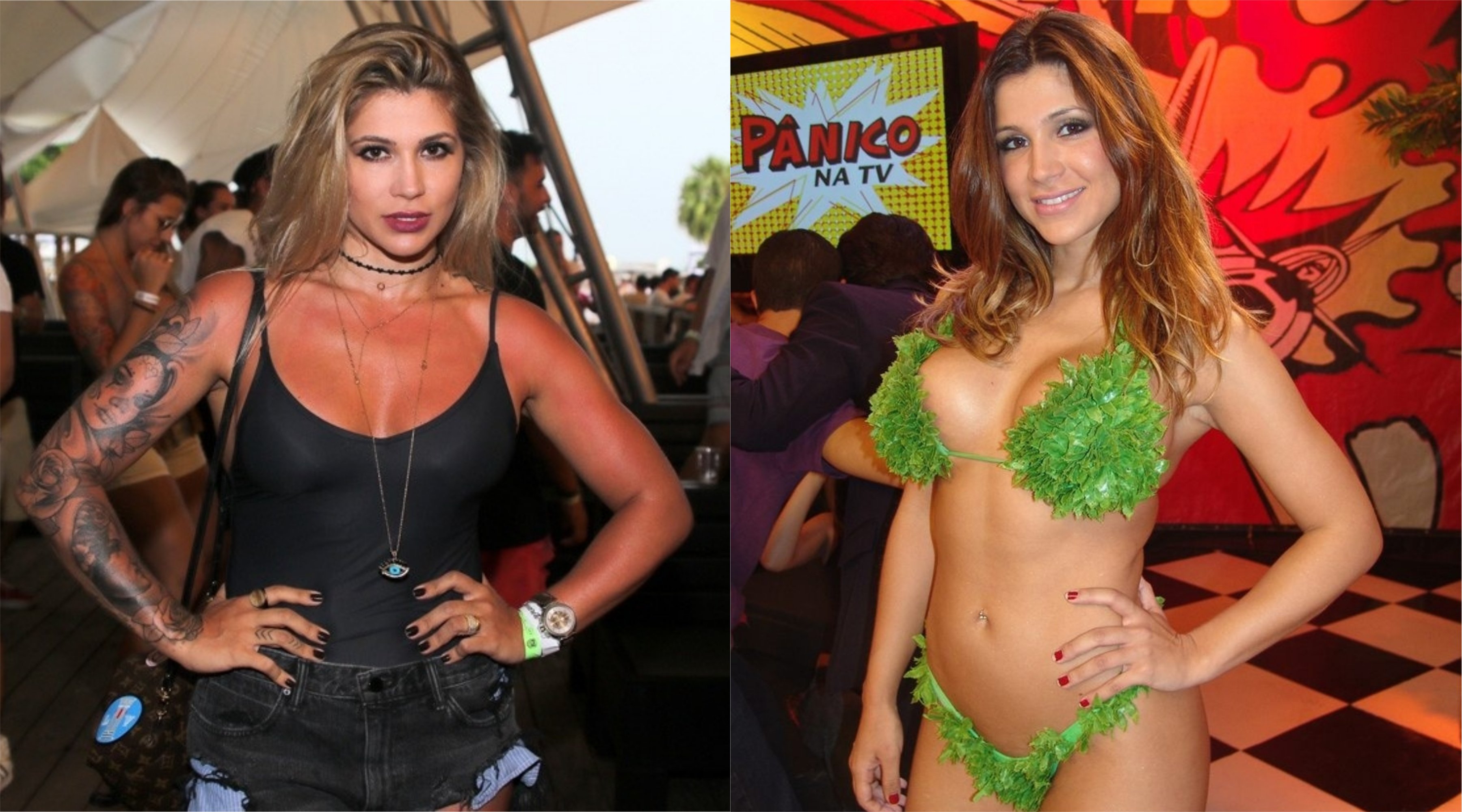 Dani Souza em 2017 e ela quando trabalhava no Pânico na TV