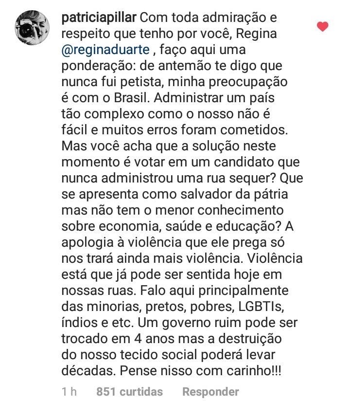 Resposta de Patrícia Pillar à postagem de Regina Duarte. (Foto: Reprodução)