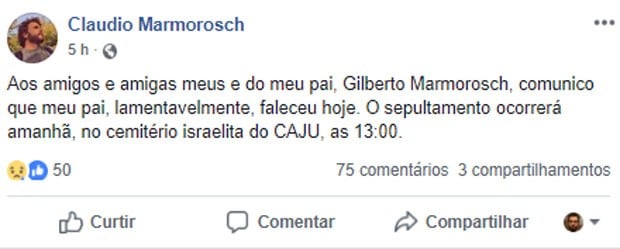 Filho anuncia morte do ator e comediante Gilberto Marmorosch (Foto: Facebook)