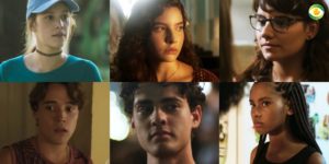 Jaqueline (Gabz), Rita (Alanis Guillen), Raíssa (Dora de Assis), Thiago (Danilo Maia), Guga (Pedro Alves) e Anjinha (Caroline Dallarosa) de Malhação Toda Forma de Amar (Foto: Montagem/TV Foco)