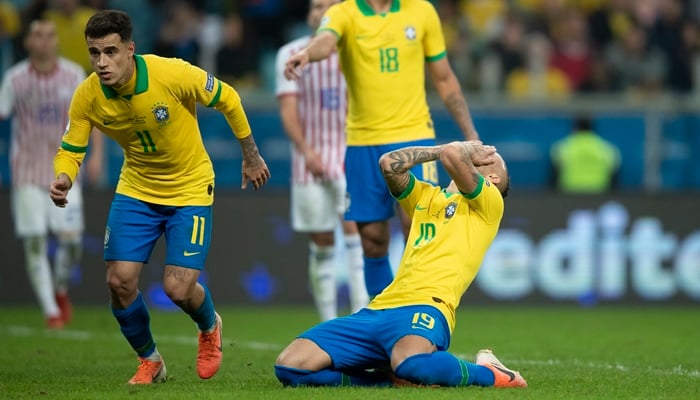 Os jogadores Philipe Coutinho e Everton no jogo Brasil x Paraguai pela Copa América, que fez a Globo bater recorde de audiência (Foto: Lucas Figueiredo/CBF)