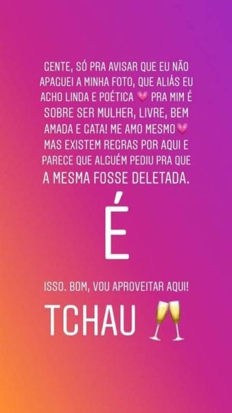 A atriz, Juliana Silveira se manifesta após ter foto retirada no Instagram (Imagem: Instagram)