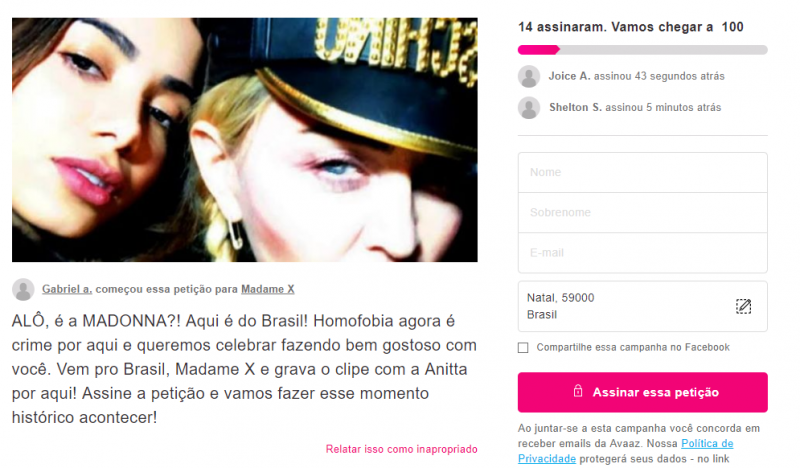 Petição dos brasileiros feita a Madonna (Foto: Reprodução)