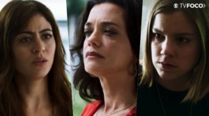 Helena (Carol Castro) irá afrontar Missade (Ana Cecília Costa), mas quem terá a máscara arrancada é Dalila (Alice Wegmann) na Globo em Órfãos da Terra (Foto: Montagem/TV Foco)