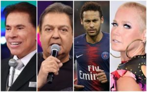 O dono do SBT, Silvio Santos, o apresentador da Globo, Faustão, o jogador da seleção brasileira, Neymar e a apresentadora da Record, Xuxa (Foto: Montagem TV Foco)